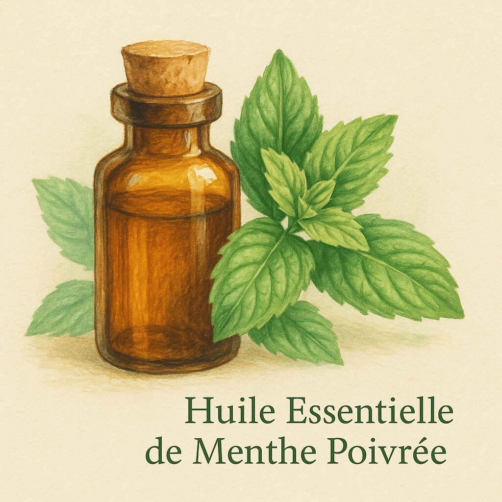 Flacon d'huile essentielle de menthe poivrée